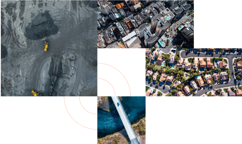 a collage: a construction site moving gravel, a bridge road over a river, a tightly packed city and a west coast suburban neighborhood