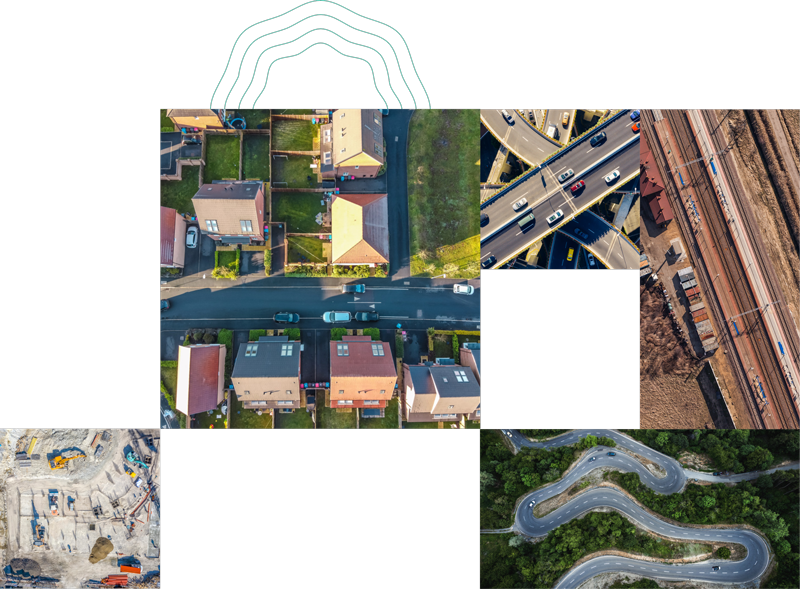 A collage of bird's eye view images: a construction site, a suburban neighborhood, a freeway, a rural highway, and a winding road